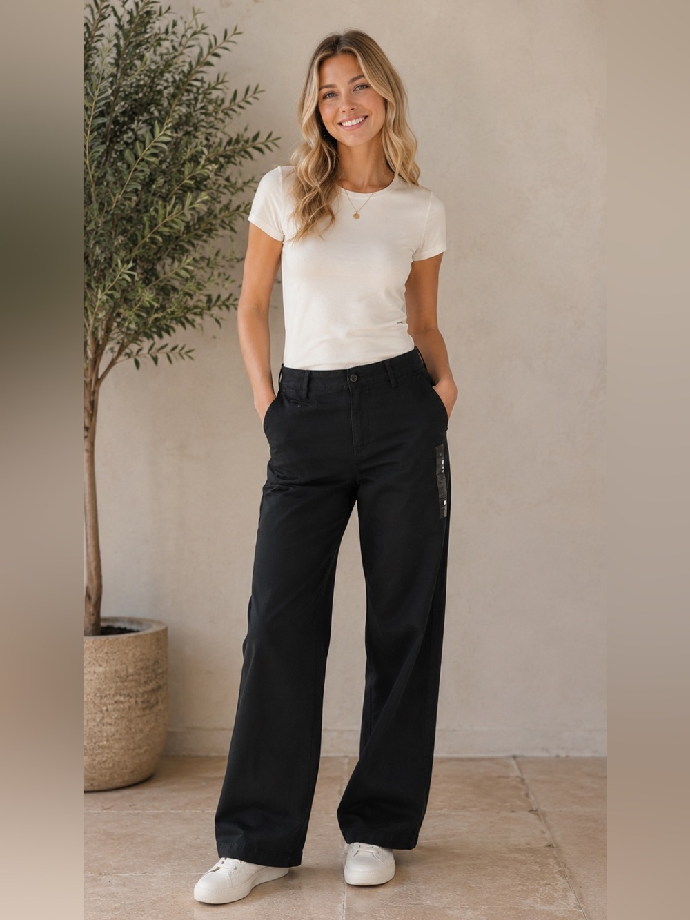 NWT American Eagle ($59.95) Black Stretch Mid Rise Wide Leg Khaki Trouser